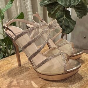 PELLE MODA Gold shimmer & mesh, peep toe, sling back heels.